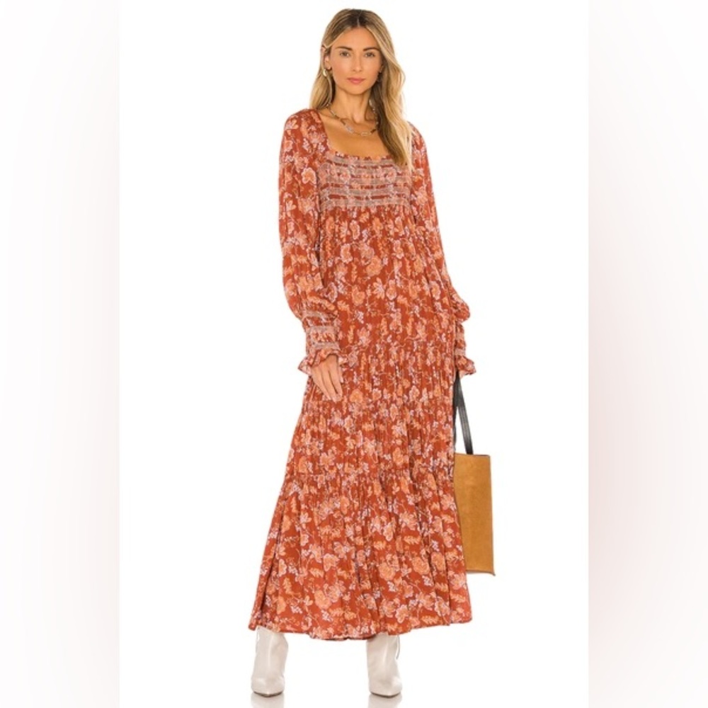 Free People NWT Sweet Escape Long Sleeve Dress Smocked in Mocha Floral Sz Small - Picture 13 of 13